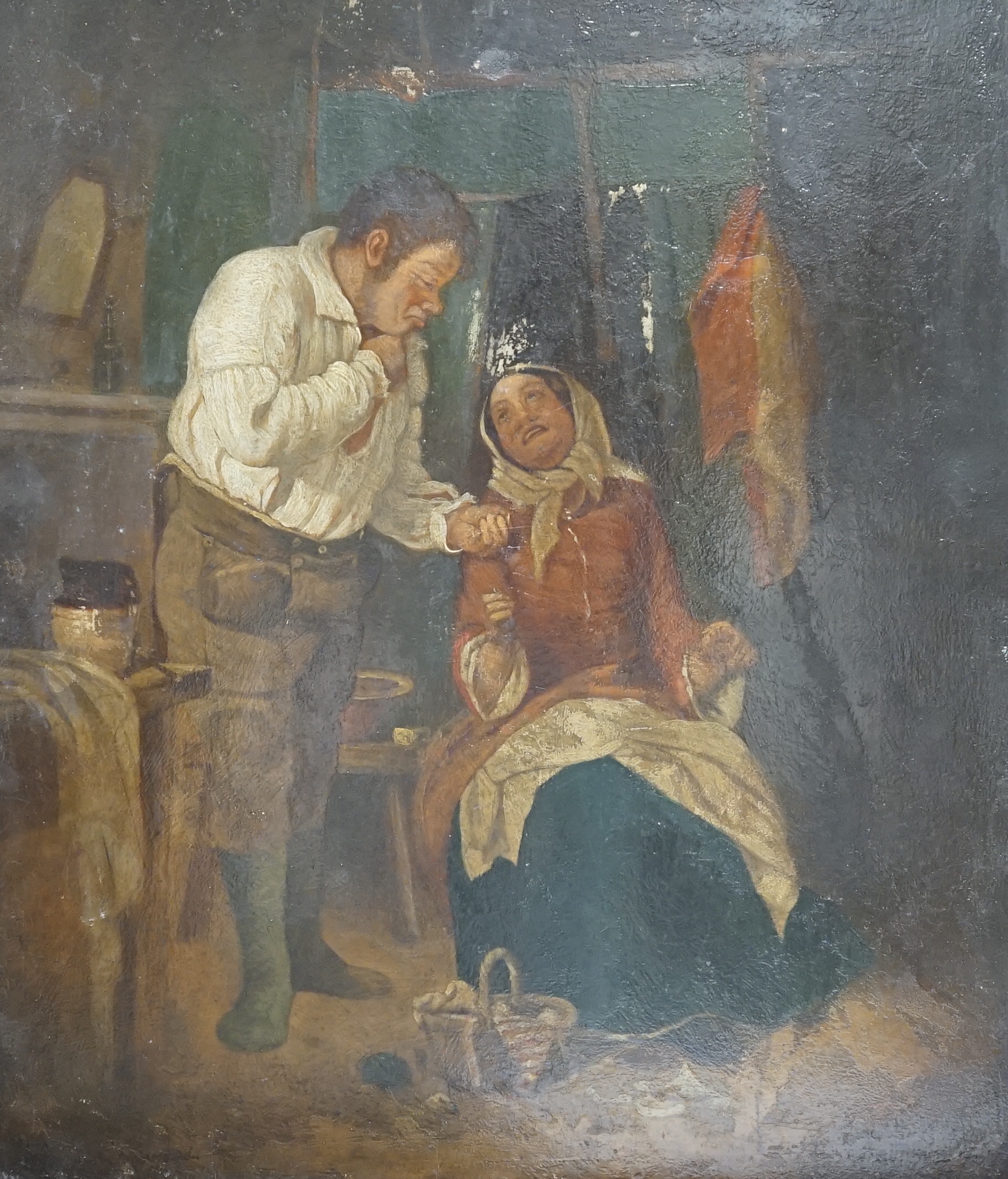 After Erskine Nicol (1825-1904), oil on mahogany panel, Interior with elderly couple, indistinctly signed, 36.5 x 30cm, unframed